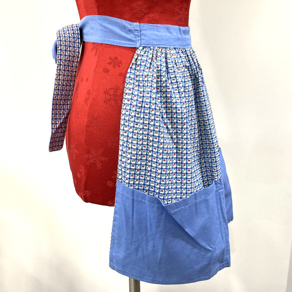 Vintage Handmade Waitress Half Apron 4 Front Hem Pockets Blue Red Green Apples - Picture 8 of 8